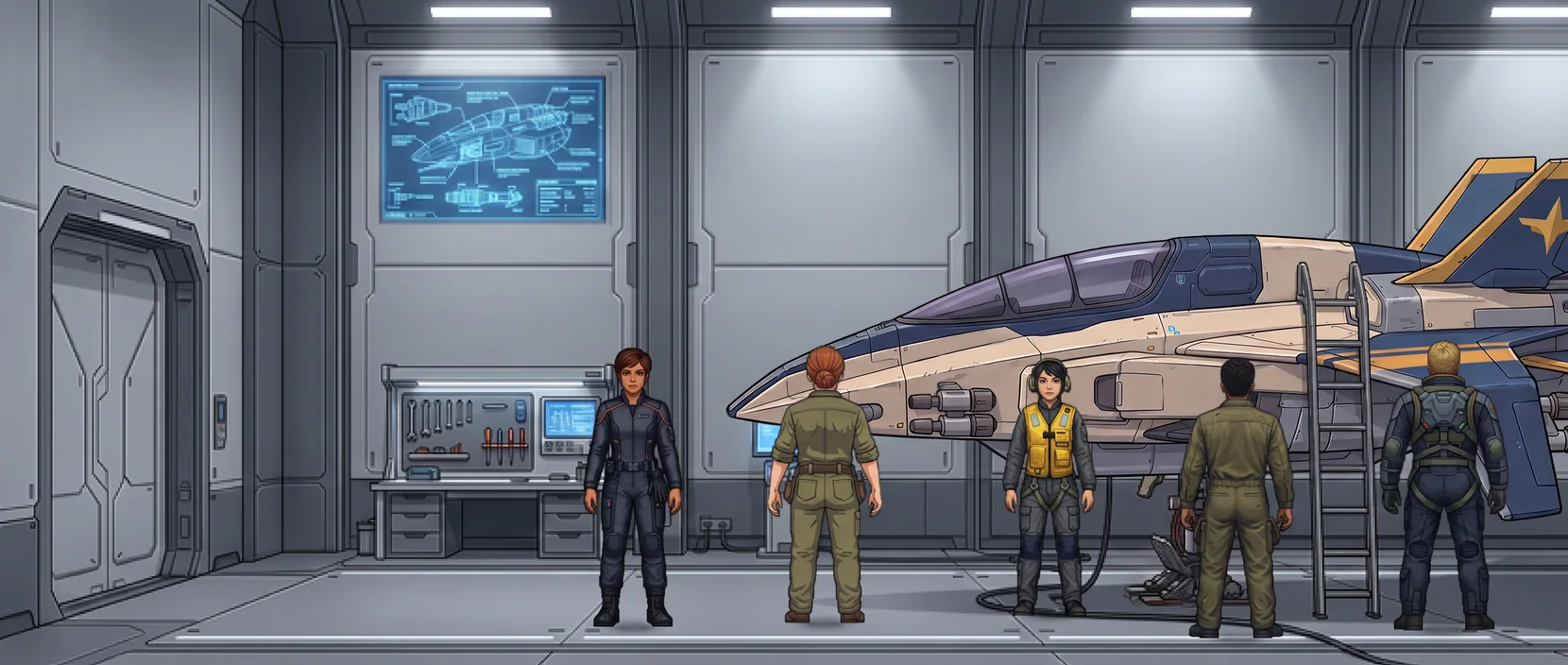 Hangar / Maintenance aboard TCS Resolute, as the game draws it